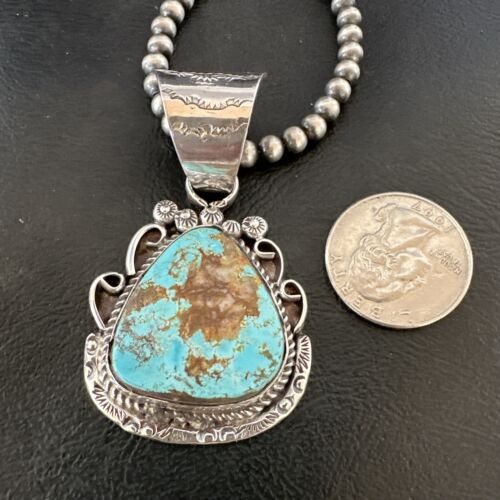 Navajo Royston Turquoise Pendant with Pearls | Sterling Silver Necklace | Authentic Native American Handmade | 17064