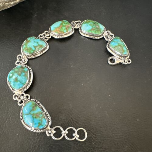 Navajo Green Sonoran Gold Turquoise 6-Stone Link Bracelet | Sterling Silver | Authentic Native American Handmade | 16373
