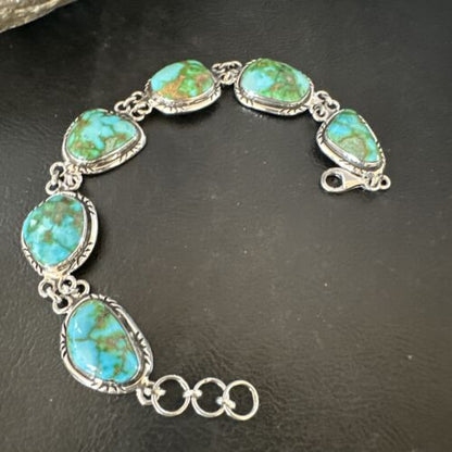 Navajo Green Sonoran Gold Turquoise 6-Stone Link Bracelet | Sterling Silver | Authentic Native American Handmade | 16373