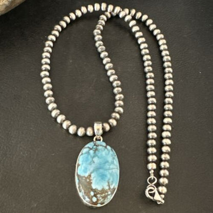 Navajo Blue Spiderweb Turquoise Pendant Necklace | Sterling Silver | Authentic Native American Handmade | 17018
