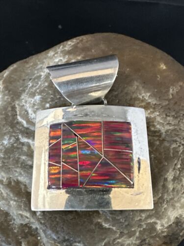 Men's Women's Red Opal Inlay Pendant | Navajo Sterling Silver | Authentic Native American Handmade | 15182