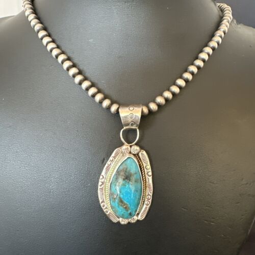 Navajo Pearls Kingman Turquoise Pendant Necklace | Sterling Silver | Authentic Native American Handmade | 17127
