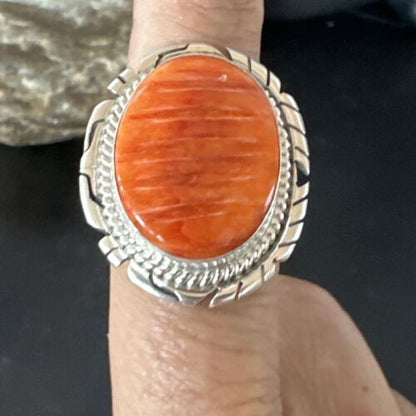 Navajo Orange Spiny Oyster Ring | Sterling Silver | Sz 7.5 | Authentic Native American Handmade | 16030