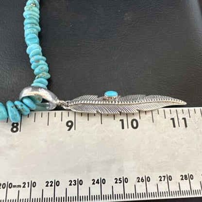 Navajo Blue Turquoise Leaf Pendant | Sterling Silver Pearls Necklace | 21" | Authentic Native American Handmade | 17540
