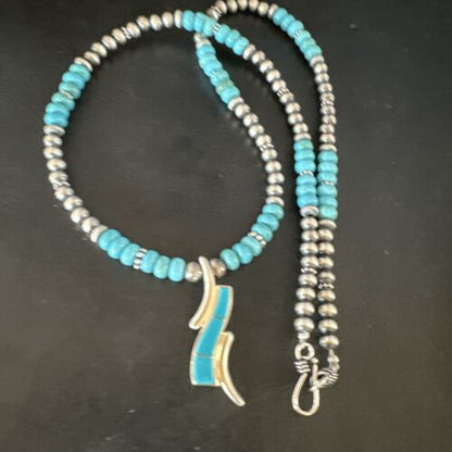Navajo Blue Turquoise Pendant Necklace | Sterling Silver with Pearls | Authentic Native American Handmade | 15376