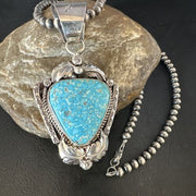 Navajo Kingman Turquoise Pendant Necklace | Sterling Silver Pearls | Authentic Native American Handmade | 15218