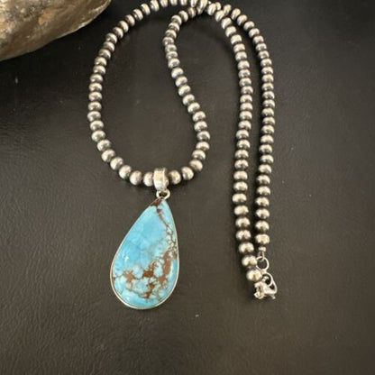 Navajo Blue Spiderweb Turquoise Pendant Necklace | Sterling Silver | Authentic Native American Handmade | 17029