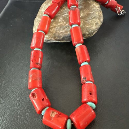 Navajo Red Coral Turquoise Bead Necklace | Sterling Silver | 20" | Authentic Native American Handmade | 16816