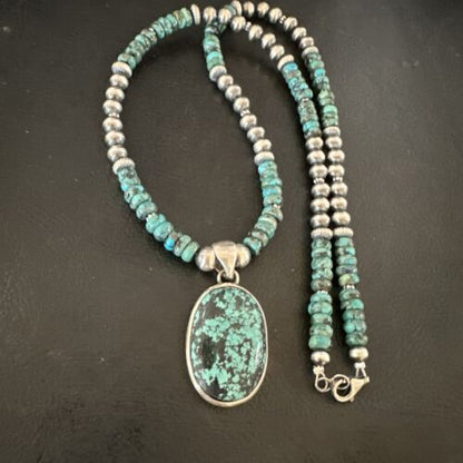 Men's Blue Spiderweb Turquoise Pendant Necklace | Navajo Sterling Silver | Authentic Native American Handmade | 17083