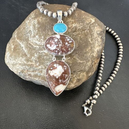 Navajo Wild Horse Blue Kingman Turquoise Necklace | Sterling Silver | 17321