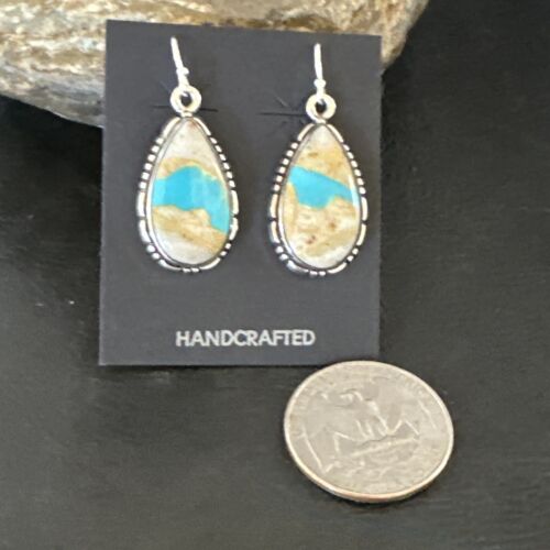 Navajo Blue Boulder Turquoise Dangle Earrings | Sterling Silver | Authentic Native American Handmade | 16503