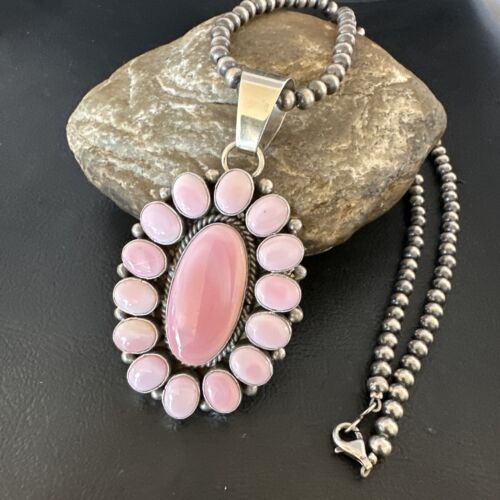 Navajo Pearls Pink Conch Necklace with Multi-Stone Cluster Pendant | Authentic Native American Handmade | 16062