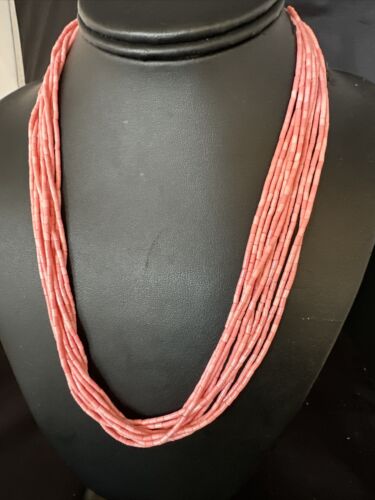 Pink Conch Tube Heishi Bead Necklace | 10 Strand Navajo Sterling Silver | 19" | 15086