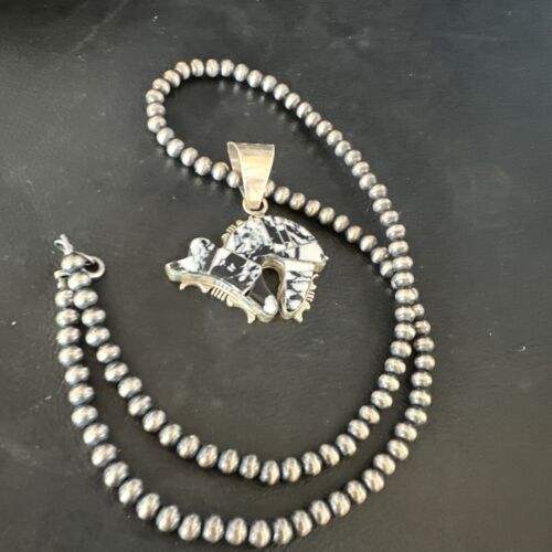 Navajo White Buffalo Turquoise Bear Inlay Pendant Necklace | Sterling Silver | Native American Handmade | 15247