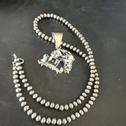 Navajo White Buffalo Turquoise Bear Inlay Pendant Necklace | Sterling Silver | Native American Handmade | 15247
