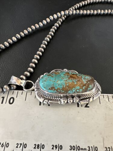 Navajo Blue Turquoise #8 Pendant | Sterling Silver Necklace with Pearls | Authentic Native American Handmade | 15903