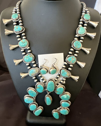 Kingman Turquoise Navajo Squash Blossom Necklace & Earrings | Sterling Silver | Native American Handmade | 16538