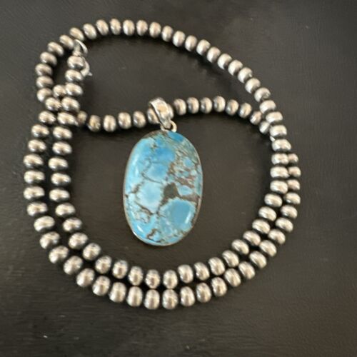 Navajo Blue Spiderweb Turquoise Pendant Necklace | Sterling Silver | Authentic Native American Handmade | 17019