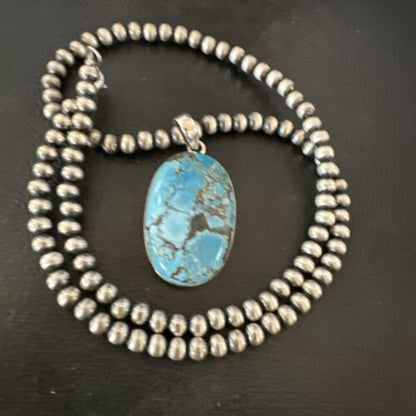 Navajo Blue Spiderweb Turquoise Pendant Necklace | Sterling Silver | Authentic Native American Handmade | 17019