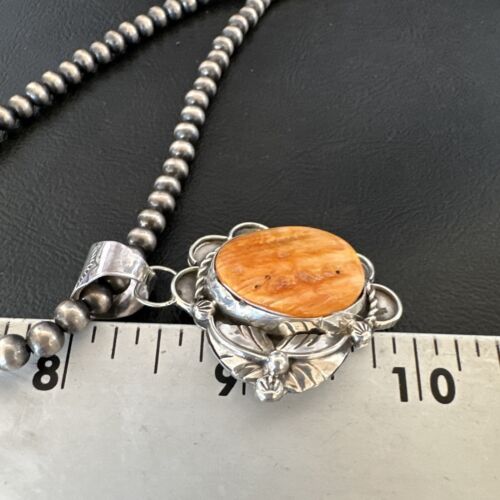 Navajo Orange Spiny Oyster Pendant Necklace | Sterling Silver Pearls | Authentic Native American Handmade | 16554