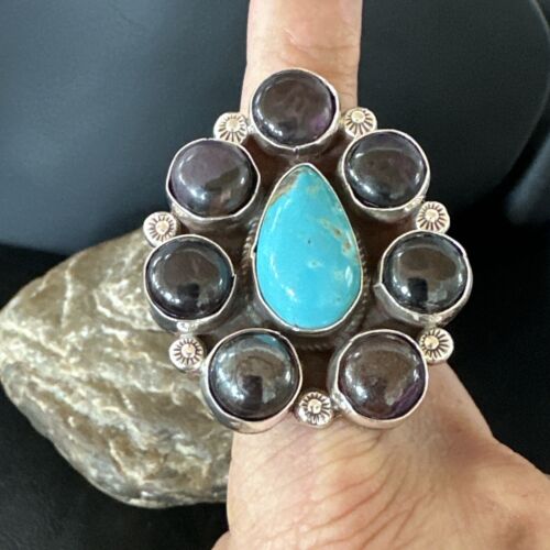 Navajo Blue Kingman Turquoise and Sugilite Cluster Ring | Authentic Native American Sterling Silver | Multi-Stone | Sz 9.5 | 16771