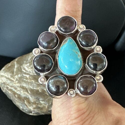 Navajo Blue Kingman Turquoise and Sugilite Cluster Ring | Authentic Native American Sterling Silver | Multi-Stone | Sz 9.5 | 16771