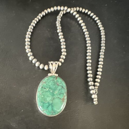 Navajo Blue Spiderweb Turquoise Pendant | Sterling Silver Pearls Necklace | Authentic Native American Handmade | 15570