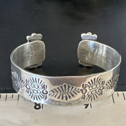 Kingman Turquoise Stamped Cuff Bracelet | Navajo Sterling Silver | Authentic Native American Handmade | 17461