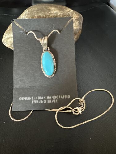 Navajo Blue Turquoise Pendant Necklace | Sterling Silver Chain | Authentic Native American Handmade | 20" | 12601