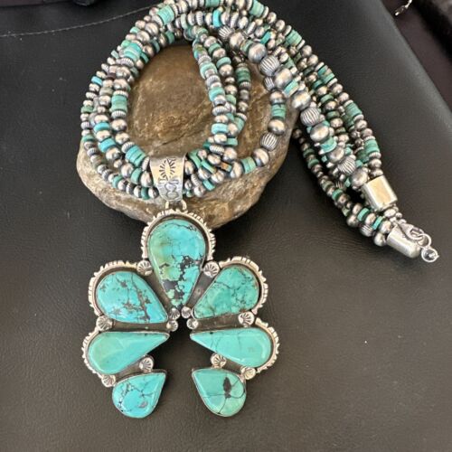 Navajo XL Blue Turquoise Cluster Naja Pendant Necklace | Sterling Silver | 21" | 16678
