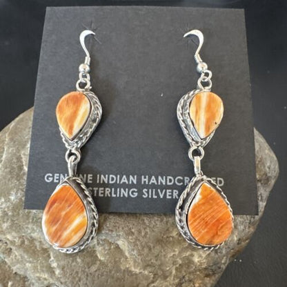 Navajo Orange Spiny Oyster Dangle Earrings | Sterling Silver | 1.5" | Authentic Native American Handmade | 16564