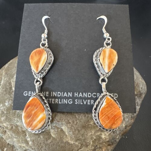 Navajo Orange Spiny Oyster Dangle Earrings | Sterling Silver | 1.5" | Authentic Native American Handmade | 16564