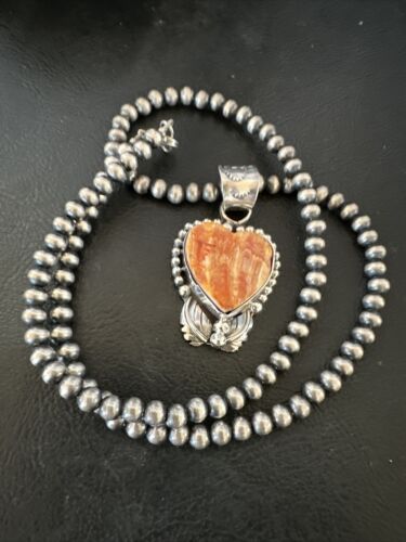 Navajo Orange Spiny Oyster Heart Pendant Necklace | Sterling Silver | Authentic Native American Handmade | 16421