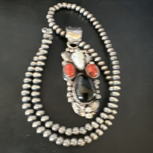 Navajo White Buffalo Coral Onyx Pearls Cluster Pendant | Sterling Silver | Native American Handmade | 15368