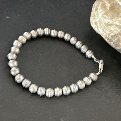 Handmade Stamped Navajo Pearls Bracelet | 6mm Beads | 8" Sterling Silver | Authentic Native American | 17447