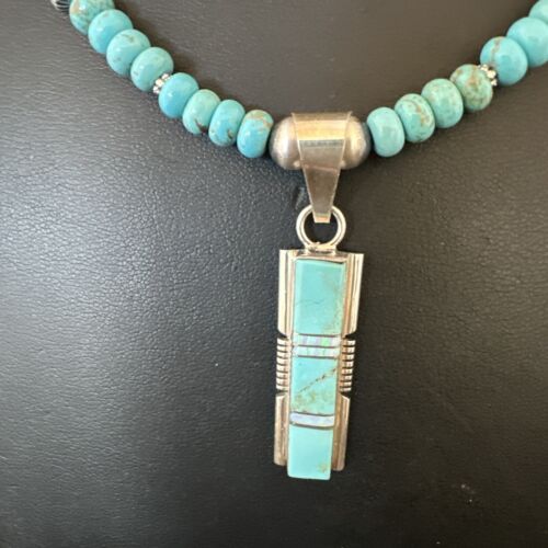 Turquoise #8 Inlay Pendant Necklace | Navajo Sterling Silver | Authentic Native American Handmade | 17073