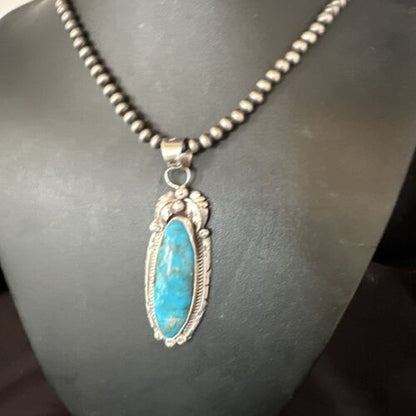 Navajo Kingman Turquoise Pendant Necklace | Sterling Silver Pearls | Authentic Native American Handmade | 15219