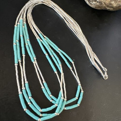 Turquoise 5-Strand Heishi Necklace | Liquid Sterling Silver | Authentic Native American Handmade | 15046