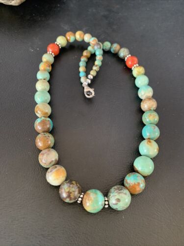 Navajo Green Turquoise & Apple Coral Graduated Necklace | Sterling Silver | Authentic Native American | 18" | 13208