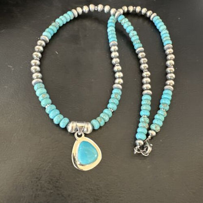 Men's Blue Turquoise Pendant Necklace | Navajo Pearls | Sterling Silver | Authentic Native American Handmade | 16644