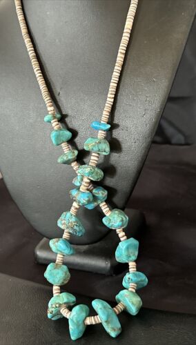 Navajo Kingman Turquoise Shell Heishi Bead Necklace | Sterling Silver | 28" | Authentic Native American Handmade | 17448