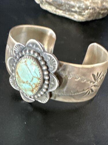 XL Men's Blue #8 Turquoise Cuff Bracelet | Navajo Sterling Silver | Authentic Native American Handmade | 15855