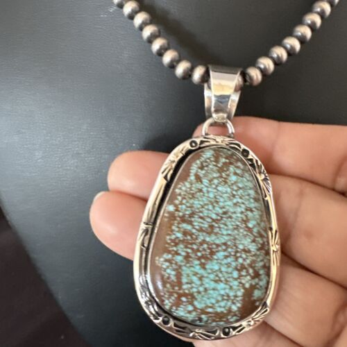 Navajo Blue Turquoise #8 Pendant | Sterling Silver Necklace with Pearls | Authentic Native American Handmade | 16347