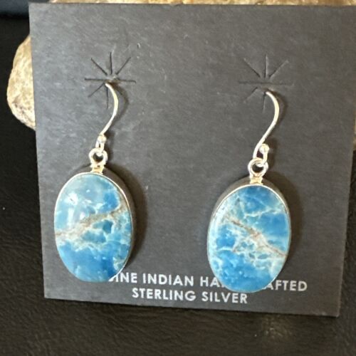 Navajo Blue Turquoise Dangle Earrings | Sterling Silver | Authentic Native American Handmade | 15434