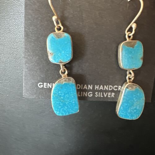 Navajo Blue Kingman Turquoise Dangle Earrings | Sterling Silver | Authentic Native American Handmade | 15111