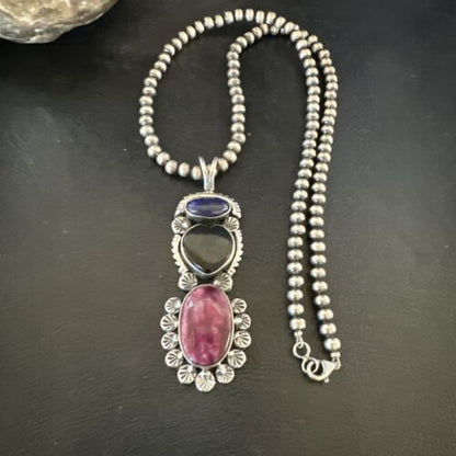 Navajo Black Onyx Purple Spiny 3-Stone Cluster Pendant | Sterling Silver | Authentic Native American Handmade | 17635