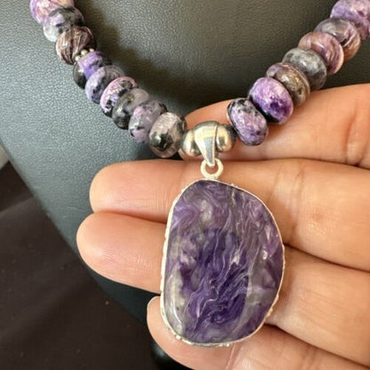 Navajo Purple Charoite Pendant with Pearls | Sterling Silver Necklace | Authentic Native American Handmade | 16337