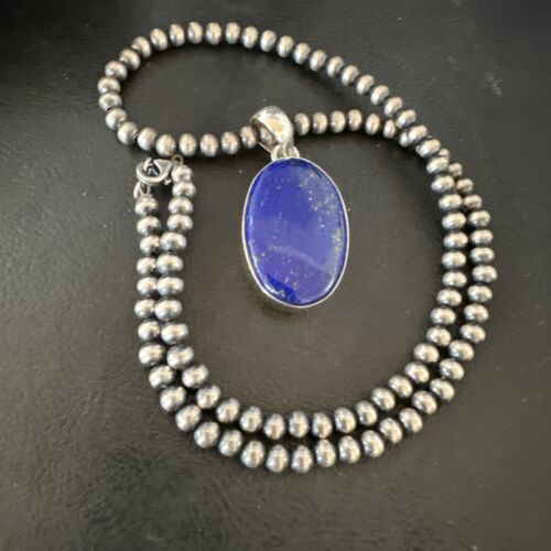 Navajo Blue Lapis Pendant with Pearls | Sterling Silver Necklace | 20" | Authentic Native American Handmade | 16662