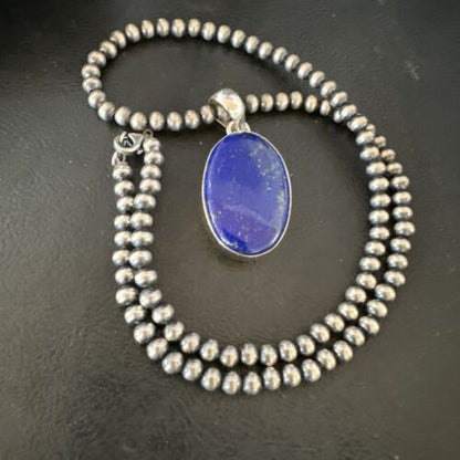Navajo Blue Lapis Pendant with Pearls | Sterling Silver Necklace | 20" | Authentic Native American Handmade | 16662