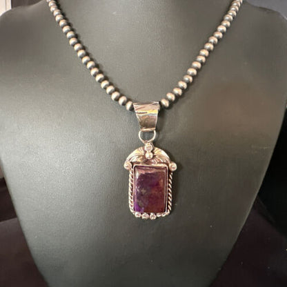 Navajo Pearls Purple Sugilite Pendant Necklace | Sterling Silver Beads | Authentic Native American Handmade | 15378